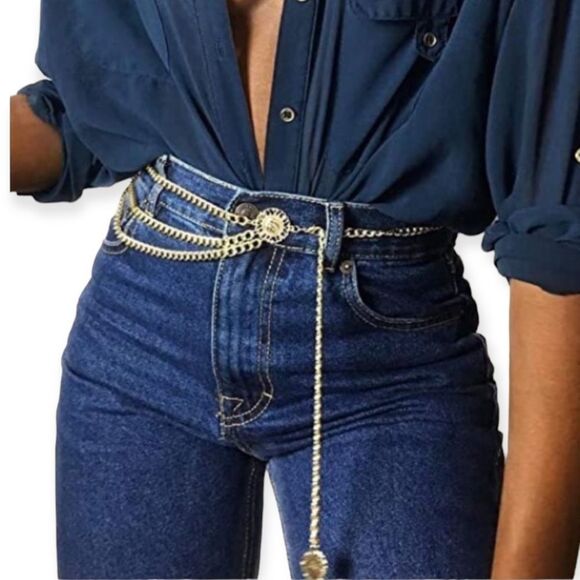Gold Medallion Adjustable Multi Draped Chain Belt NEW - Picture 1 of 4